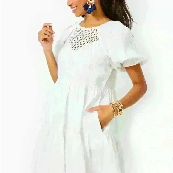 SALE Lilly Pulitzer Charlet Short Sleeve Linen Dress Party Resort White Sorority - Picture 3 of 6